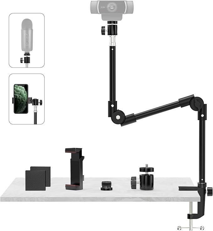 Webcam Stand Camera Mount with Phone Holder & 5/8" Screw, 22in Flexible Projector Stand Gooseneck Desk Mic for Logitech C922 C930e C920 C615 C960 Brio 4K, GoPro, Blue Yeti Snowball Ice