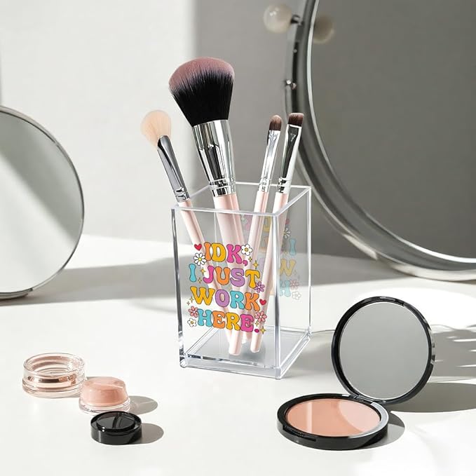 Vgrti IDK I Just Work Here Acrylic Cosmetic Pencil Pen Holder Cup, Sarcastic Office Pen Holder for Desk, Funny Work Burnout Gifts for Coworker Friend, Thank You Gifts for Women Colleague Teacher