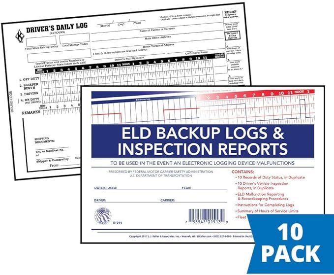 ELD Backup Driver Log Book 10-pk. with Detailed Driver Vehicle Inspection Report & Daily Recap - Book Format with 10 Sets, 2-Ply Carbonless, 8.5" x 5.5", J. J. Keller & Associates, Inc.