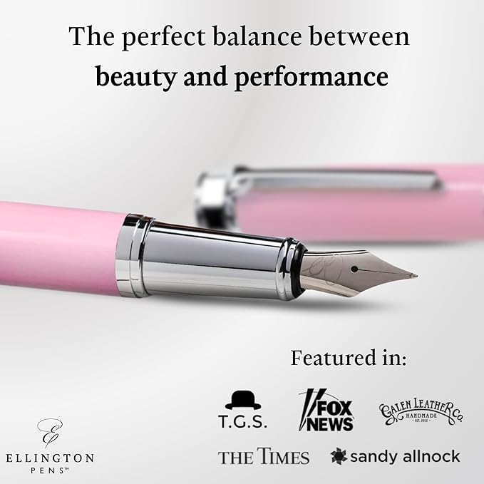 Ellington Pens Luxury Fountain Pen Set - Smooth Fine Nib - Includes 3 Ink Cartridges, Refillable Ink Converter, Gift Box - Fountain Pens For Writing, Calligraphy, Journaling, Sketching (Rosy Flair)
