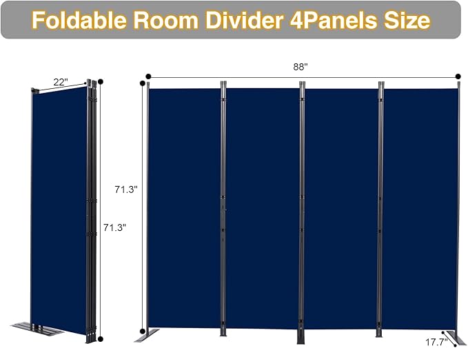 CHOSENM Room Divider, 4 Panel Folding Privacy Screens with Wider Support Feet, 6 Ft Portable Room Partition for Room Separator, 88" W X 71" H, Navy Blue