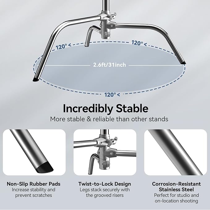 2 Pack Photography C Stand: 100% Stainless Steel - Max Height 10.5ft/131inch Heavy Duty Light Stand