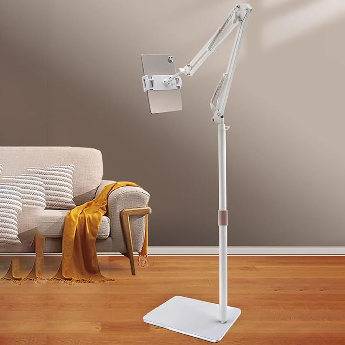 Hosann Century Tablet Floor Stand,360 Degree Adjustable Height Stretchable Arm Swivel Dual Holder,Compatible with 4.7-12.9inch Smart Phone/Tablet Kindle ipad Stand Floor (White)