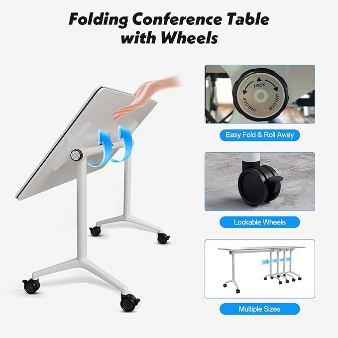 Goakwwuz Conference Room Table, Folding Conference Tables,Thicken Grey Tabletop,Flip Top Wooden Seminar Meeting Room Table for Conference Room Offices (4, White, 47.2“)