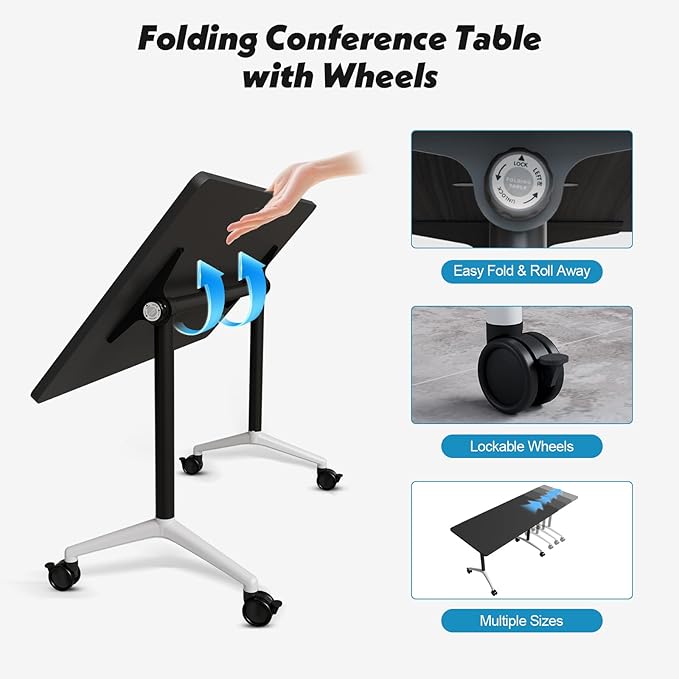 Goakwwuz Conference Room Table, Folding Conference Tables,Thicken Grey Tabletop,Flip Top Wooden Seminar Meeting Room Table for Conference Room Offices (4, Black, 47.2“)