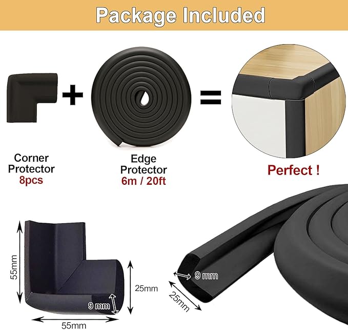 Baby Proof Corners and Edges Protector 20ft Edge+8 Corner Guard, Fireplace Baby Proofing Bumper, Heavy-Duty Soft NBR Foam Edge Corner Protector for Furniture Table, Childsafe/Pre-Taped Black