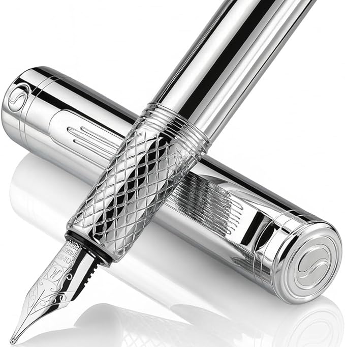 Scriveiner Silver Chrome Fountain Pen (Medium), Award Winning Luxury Pen, Heavy Pocket Pen, Chrome Finish, Schmidt Nib, Converter, Best EDC Writing Pen Gift Set for Men & Women, Nice Office Fancy Pen