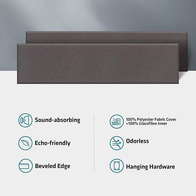 2” Thick Acoustic Panels with Hanging Brackets to the Wall, 2 PCS 47.2” x 11.8” Fiberglass Sound Absorbing Panels for Home Theater Church Office Wall or Ceiling, Mud Grey
