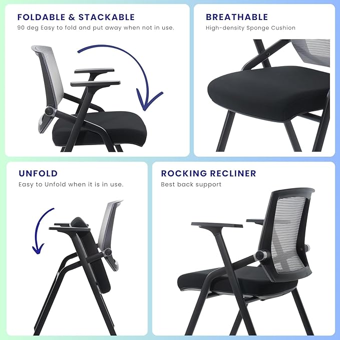 BLANEDUO, 10 Pack Foldable Office Chair with PU Wheels and Sliding Armrest-Ergonomic Mesh Bouncing Back, Stackable Conference Room Chair, Office Guest & Reception & Meeting Chair (Black)
