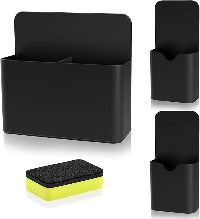 MoKo Magneitc Dry Erase Marker Holder Set, 3-Pack Magnetic Marker Pencil Pen Holder Cup Organizer for Metal & Magnetic Surface, 1 Large with Divider & 2 Small Holders & 1 Dry Erase, Black