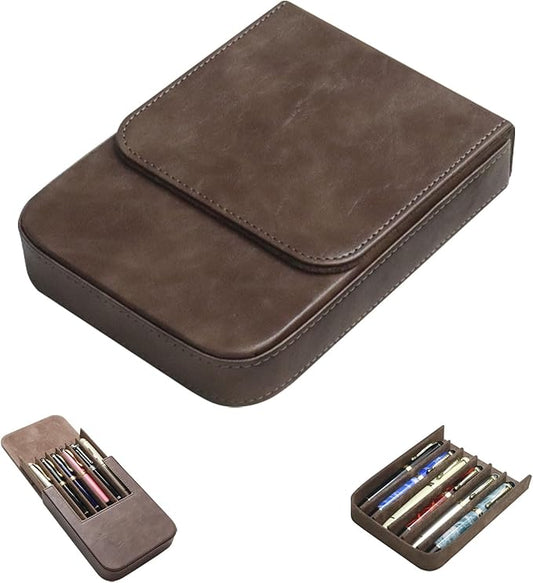 MIVLXLX Leather 6 Fountain Pen/Pencil Tray Case, Handmade, Magnetic Closure with Drawer Design, Gift Choice for Man/Woman/Office, 6 Slots（gray）