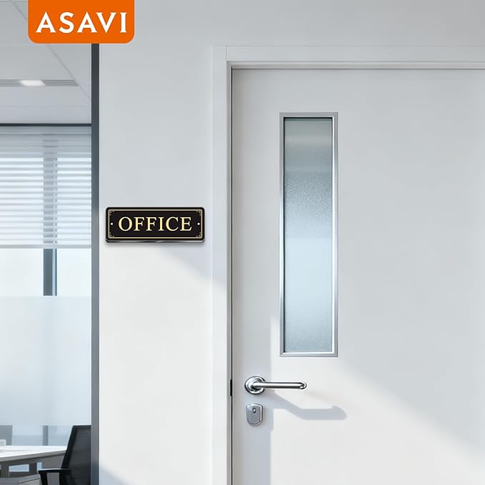 ASAVI “OFFICE” Acrylic Door Sign – Waterproof & Fade-Resistant Office Label with Strong Adhesive + Pre-Drilled Holes (8.7"x3") | Ideal for Doors and Walls in Offices, Lobbies, and Workspaces (Black gold)