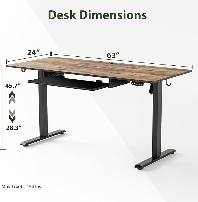 Agilestic Height Adjustable Desk with Keyboard Tray, 63 x 24 Inches Electric Standing Desk, Stand up Computer Table with Memory Preset, Modern Lift Motorized Gaming Workstation, Rustic Brown