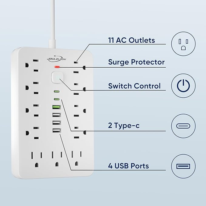 JouleLoom 20 FT Flat Plug Surge Protector Power Strip,11 Multiple AC Outlets with 6 USB Ports (2 USB C), 20 Feet Extension Cord, 1250W/10A, One Touch Switch Button, White