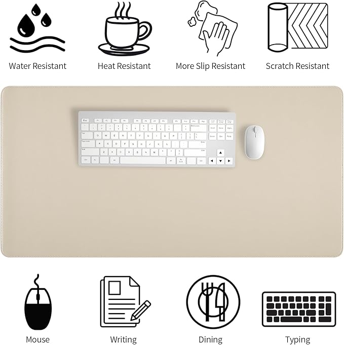 Beige Desk Mat with Stitched Edges, 31.5"×15.7" Keyboard Pad, Non-Slip Desk Protector Mat, Leather Desk Blotter, Waterproof Desk Pad for Office Home Decor