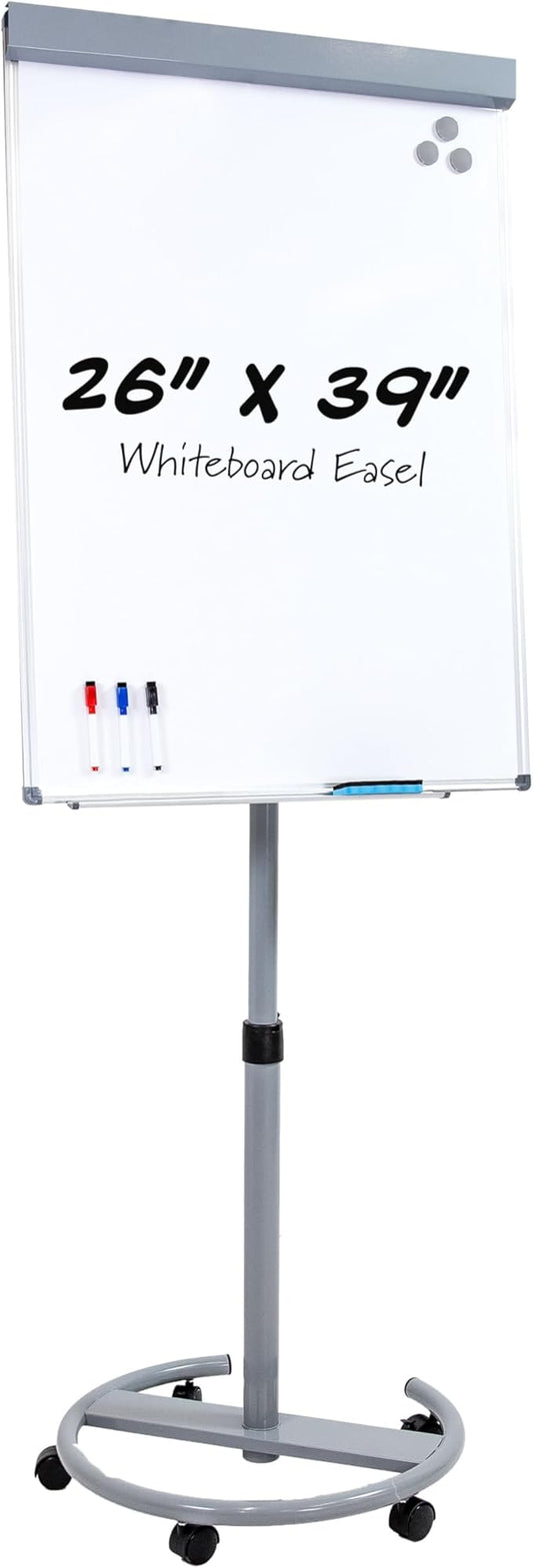 Sunnydaze Adjustable Magnetic Whiteboard Easel – Rolling Dry Erase Board with Flip Chart for Office, Home, or School