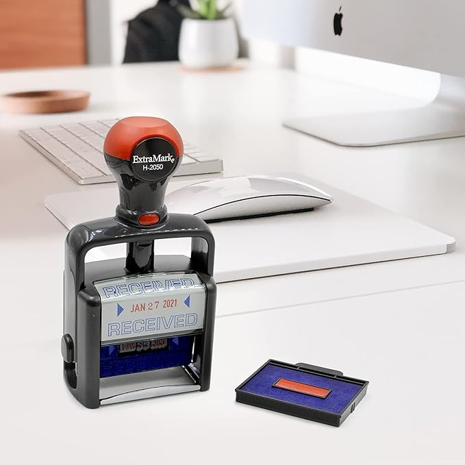 Heavy Duty Style Office Date Stamp with Entered - Self Inking Dater - Style C - Blue & Red Ink Color