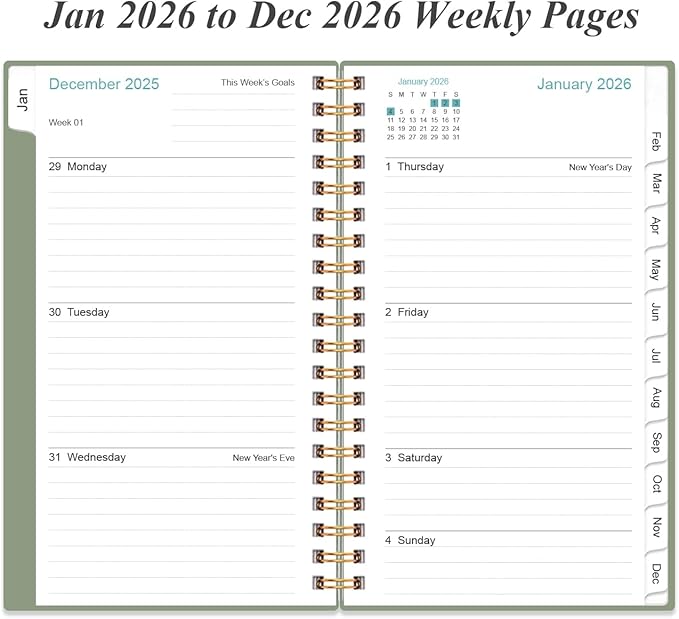 2026 Pocket Planner/Calendar - Planner from January 2026 - December 2026, Planner 2026 with 12 Tabs, Twin-Wire Binding, Inner Pocket, 3.75" x 6.75", Green