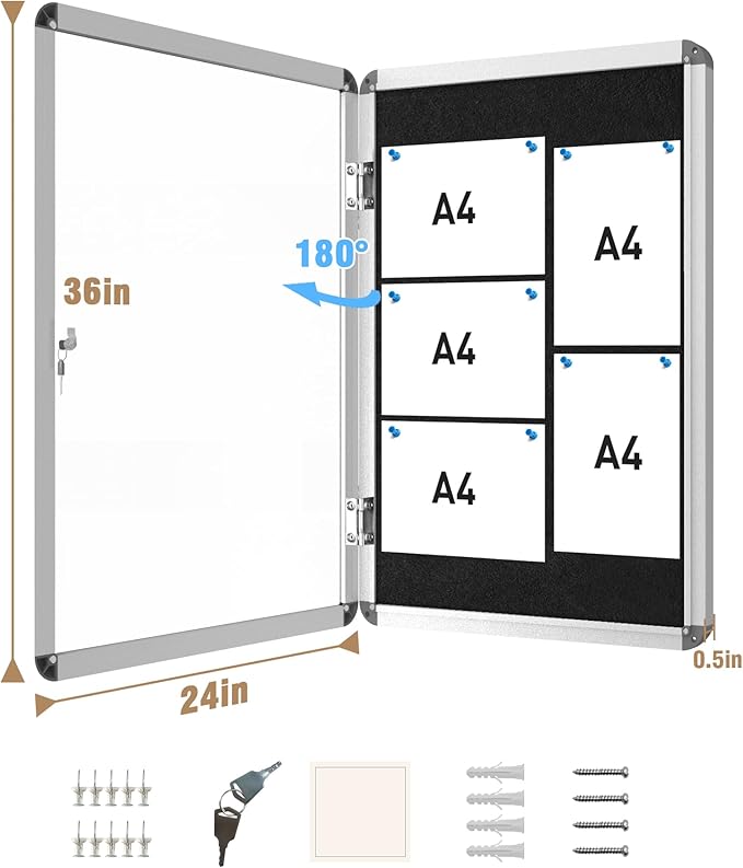 Mifuro 36"x24" Enclosed Bulletin Board, Lockable Weather-Resistant Aluminum Cork Noticeboard for School & Office, Silver Frame w/Black Flet