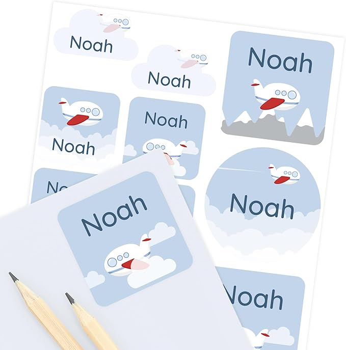 Large Name Labels for Kids (33) - Custom Stickers for Daycare and School Supplies - Durable, Waterproof Stickers for Water Bottles, Lunch Boxes, and More with Unique Designs - Airplane