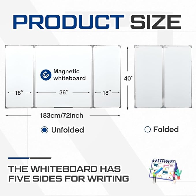 72” x 40” Foldable Whiteboard Dry Erase Board Large Tri Folding Whiteboard Magnetic Dry Erase Board, Wall Aluminium Frame and Pen Tray for Office, Home