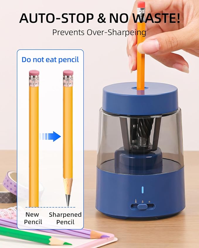 ZMOL Electric Rechargeable Pencil Sharpener, Automatic Pencil Sharpeners Kids, Battery Pencil Sharpeners for Colored Pencils, Auto Stop, Suitable for No.2(6-8mm), Classroom/Home Blue