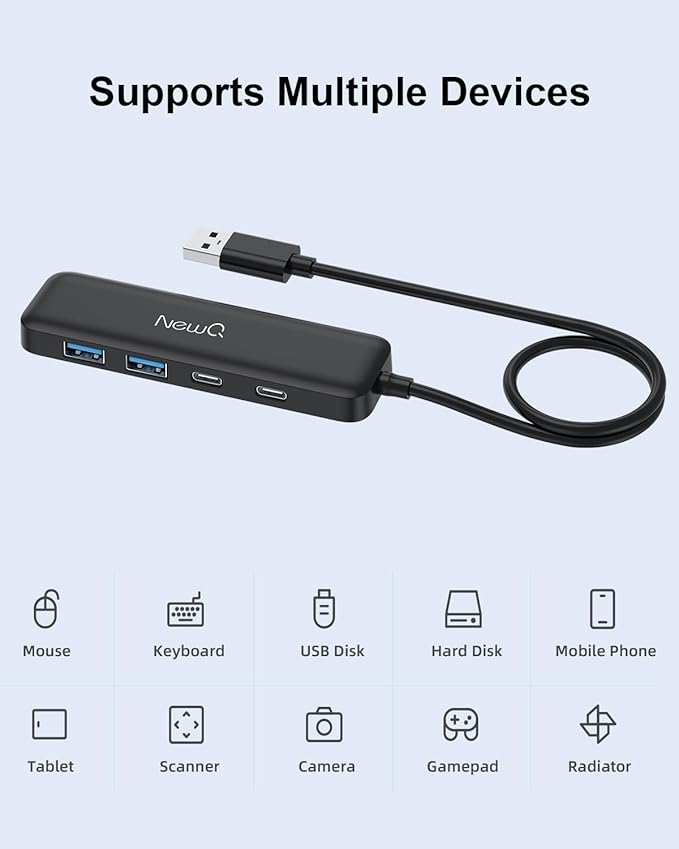 Dual USB C USB A 3.0 Hub: 4 Ports USB Hub with 2* USB-C 3.0 and 2* USB-A 3.0, Ultra Slim Portable USB Splitter Adapter for Laptop, PS4, Flash Drive, HDD, Xbox, Printer, Keyboard, Computer Accessories