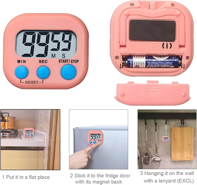Digital Kitchen Timer, BESTWYA Electronic Timer with Clear LCD Screen Count Up and Down Function 3 Big Buttons On/Off Switch Button for Kitchen, Study, Work, Exercise Training (6, 3 Colors)