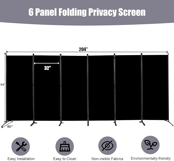 Room Divider 6FT Folding Privacy Screens, 6 Panel Partition Room Dividers w/Freestanding Design, Portable Wall Divider for Room Separtation, Fabric Screen Panel for Home Office Bedroom Dorm