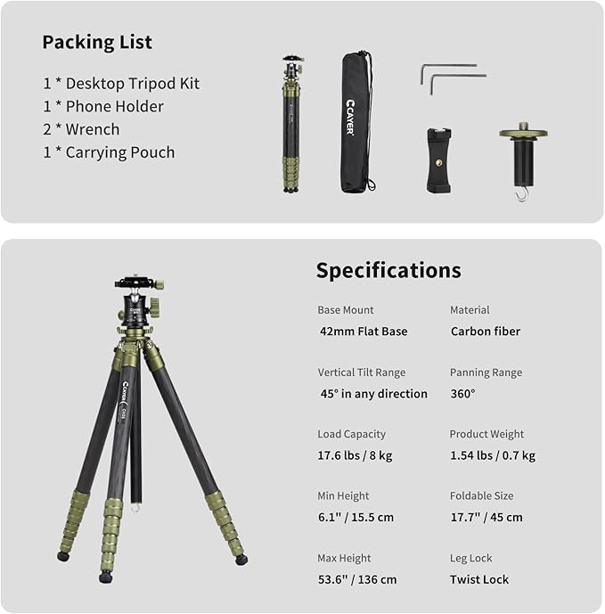 Cayer CH35 Travel Camera Tripod with Ball Head, Compact Carbon Fiber Tripod, 53.6" Compact Camera Stand，Max Load 17.6lbs for Mirrorless Cameras Video Camcorder Mobile Phone Webcam