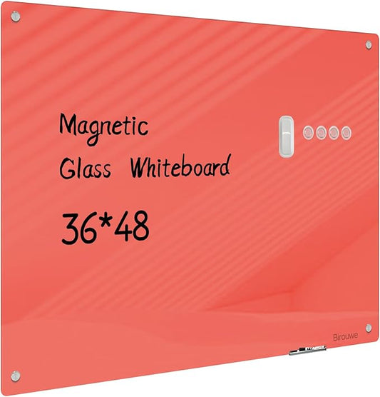 Magnetic Glass Whiteboard - 48"x36" Frameless Dry Erase Board for Walls, Red