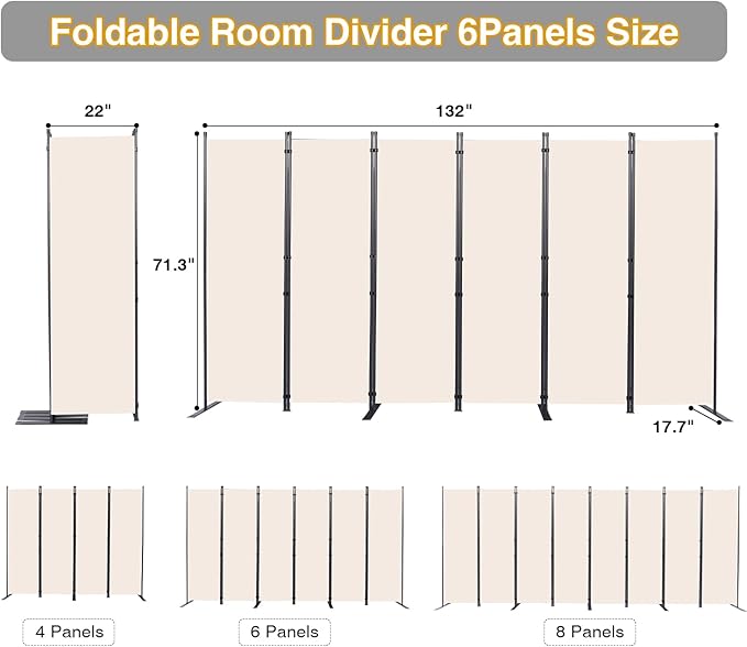 CHOSENM Room Divider, 6 Panel Folding Privacy Screens with Wider Support Feet, 6 Ft Portable Room Partition for Room Separator, 132" W X 71" H, Beige