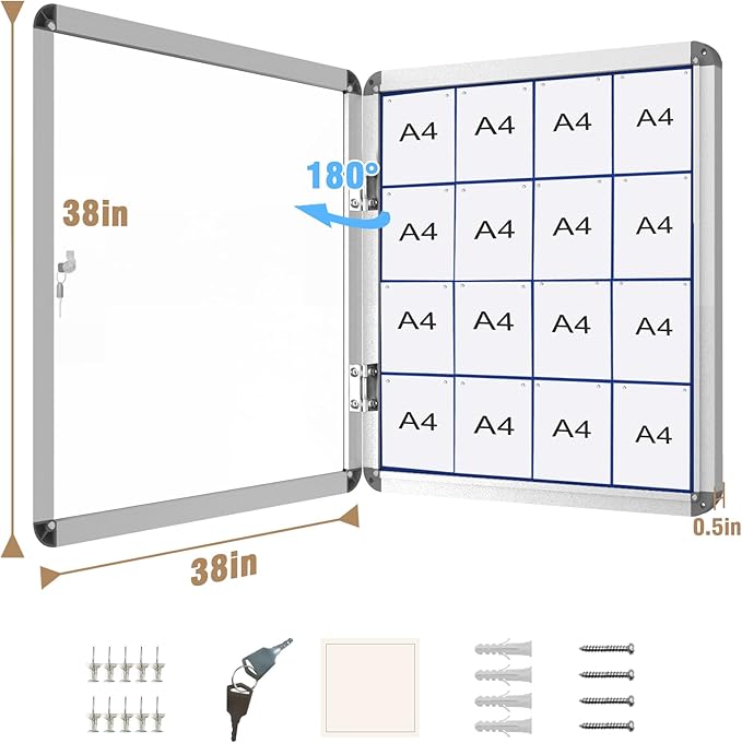 Mifuro 38"x38" Enclosed Bulletin Board, Lockable Weather-Resistant Aluminum Cork Noticeboard for School & Office, Silver Frame w/Blue Flet