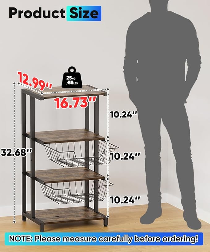Ardier Media Stand with Two Detachable Baskets, 4-Tier AV Media Stand Corner Shelf for DVD Players/Cable Boxes/Games Consoles, Audio Storage Rack for Living Room, Gaming Room, Music Studio, Black