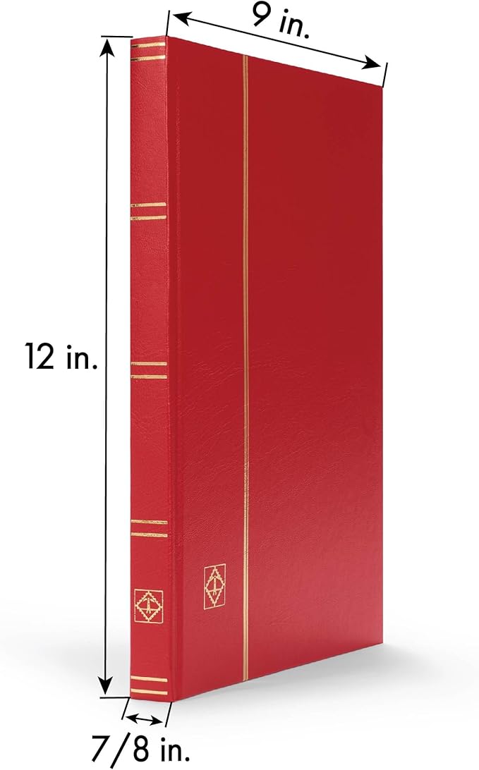LIGHTHOUSE – “BASIC” Hard Cover Stockbook for Stamps – 32 White Cardstock 9”x12” (A4) Pages with Glassine Strips - Red