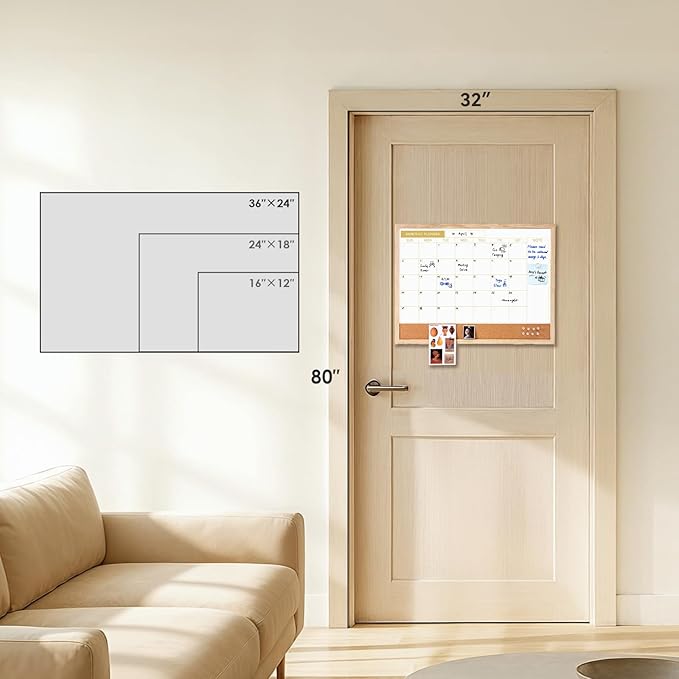 ARCOBIS Calendar Whiteboard with Cork Board, 24"x18" Wood Frame Dry Erase Calendar for Wall, Magnetic Monthly Combination Board for Home, Office, School, Kitchen, Beige