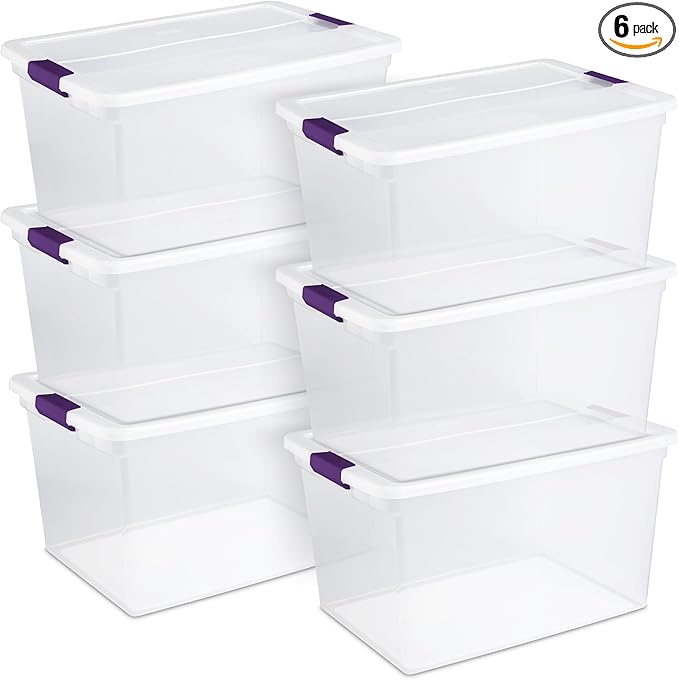 Sterilite 6-Pack Plastic Storage Bin w/ Latch Lid, ClearView Stackable Containers, 66 Qt