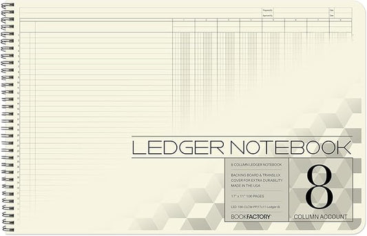BookFactory Accounting Ledger Notebook/Large 8 Column Accounting Ledger Columnar (Eight Columns) Log Book - 17'' x 11'', 100 Pages, Wire-O Landscape Format (Made in USA)