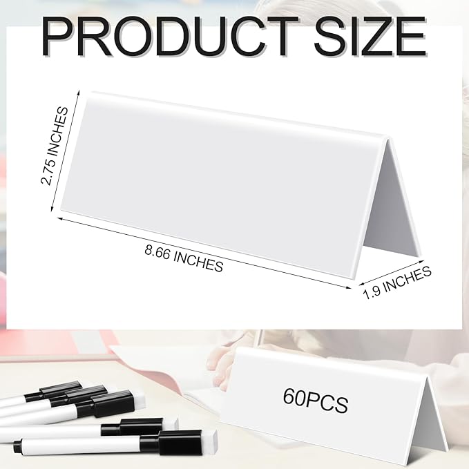 Fainne 60 Sets Dry Erase Name Tent Cards with Black Markers 8.7 x 2.8 x 1.9 Inches White Reusable Name Plate Wipe Clean Desk Tags Sign for Classroom Table Office Conference Meeting Weddings