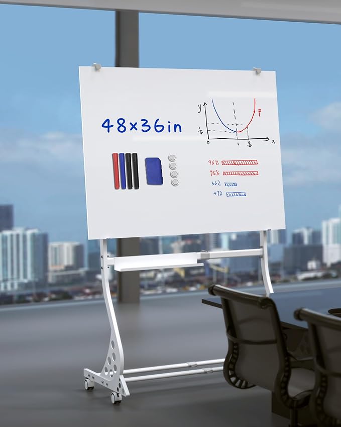 Mobile Glass Whiteboard, 48 x 36 inch Glass Board/w Height Adjustable, Large Portable Dry Erase Board with Stand and Wheels for Home, Office,Classroom &School, White