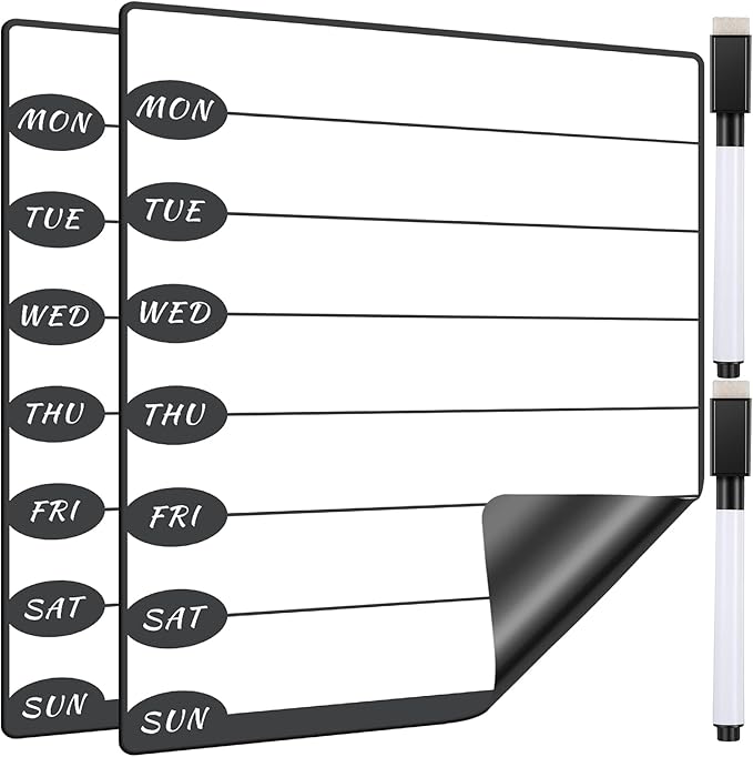 Outus 2 Pieces Magnetic Weekly Dry Erase Boards Erasable Weekly Calendars Whiteboard Planners with 2 Pieces Markers for Office School Supplies (Cute Style)