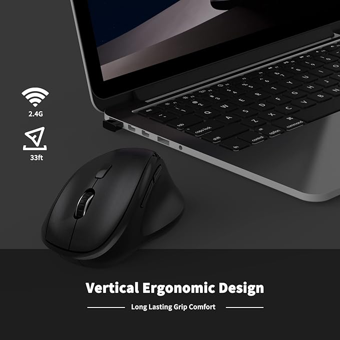 Ergonomic Wireless Mouse with USB Receiver for PC Computer, Laptop and Desktop, Ergo Mouse Vertical with Silent Clicks Long Battery Life, Up to 1600 DPI & 1 AA Battery Powered, Black
