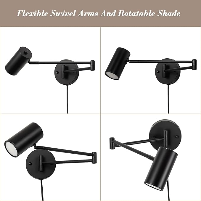 Ahaloye 2 Pack Plug in Wall Sconce, Black Swing Arms Wall Lamp with Plug-in Cord Adjustable Wall Light for Bedroom Living Room (Light Source Included)