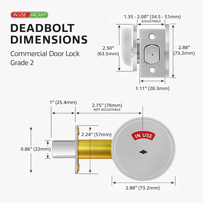 in-Use Vacant Commercial Bathroom Door Lock with Occupied Vacant Door Sign. Privacy Deadbolt with Occupancy Indicator. Privacy Indicator Bolt for Restroom, Meeting Room, Fitting Room- 1pc.