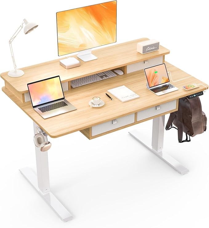 ExaDesk 48 * 30 Inches Electric Standing Widened Desk Adjustable Height with 4 Drawers, Double Storage Shelves, Home Office Workstation Sit Stand up Desk (Nature)