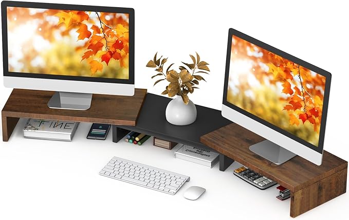 TAVR Dual Monitor Stand Riser, Computer Monitor Stands for 2 Monitors, Extra Long Multifunctional Desktop Organizer Riser for Computer, Laptop, PC, Printer, TV, Max 43.3" Length, Rustic Brown