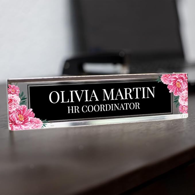 Signs ByLITA Floral Pattern Customized Nameplate | Midnight Bloom Personalized Full Color Acrylic Desk Sign