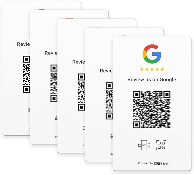 HotLabel – Google Review Card 5-Pack – White – NFC Tap & QR Code – Includes 5 Independent Links (Supports 5 Different Stores or Same) – All Phones Compatible – No App/Subscription