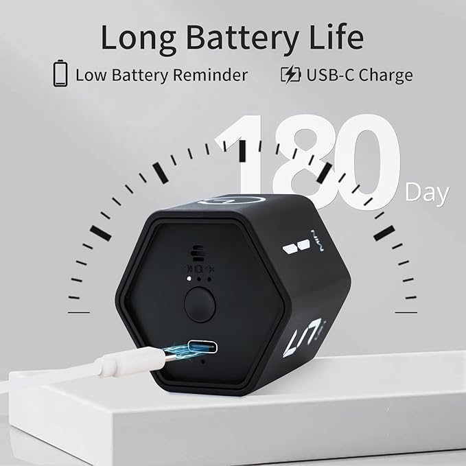Productivity Timer Flip Gravity Sensor Cube Timer Countdown & Countup,Mute & Vibrate & Sound，5/10/30/60min & Custom Timing, Perfect for ADHD,Work,Learning,Kitchen Cooking (2, White +Black Hexagon)