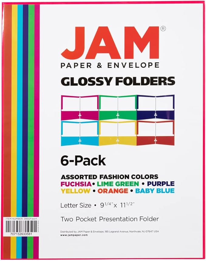 JAM PAPER Laminated Two Pocket Glossy School Folders - Letter Size - High Gloss Assorted Fashion Colors - 6/Pack